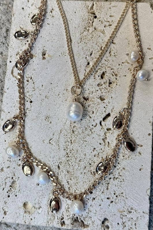 Pearl Droplets Multi Layered Necklace Gold /22=